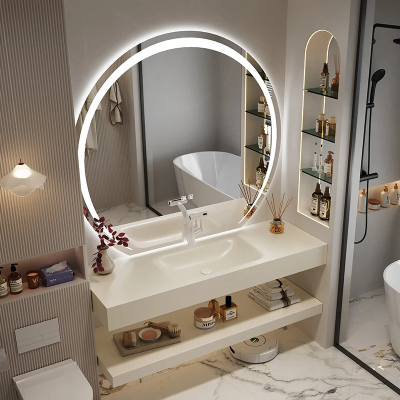 Light luxury cream wind double-layer rock slab hot bending integrated basin bathroom cabinet combination bathroom washstand face