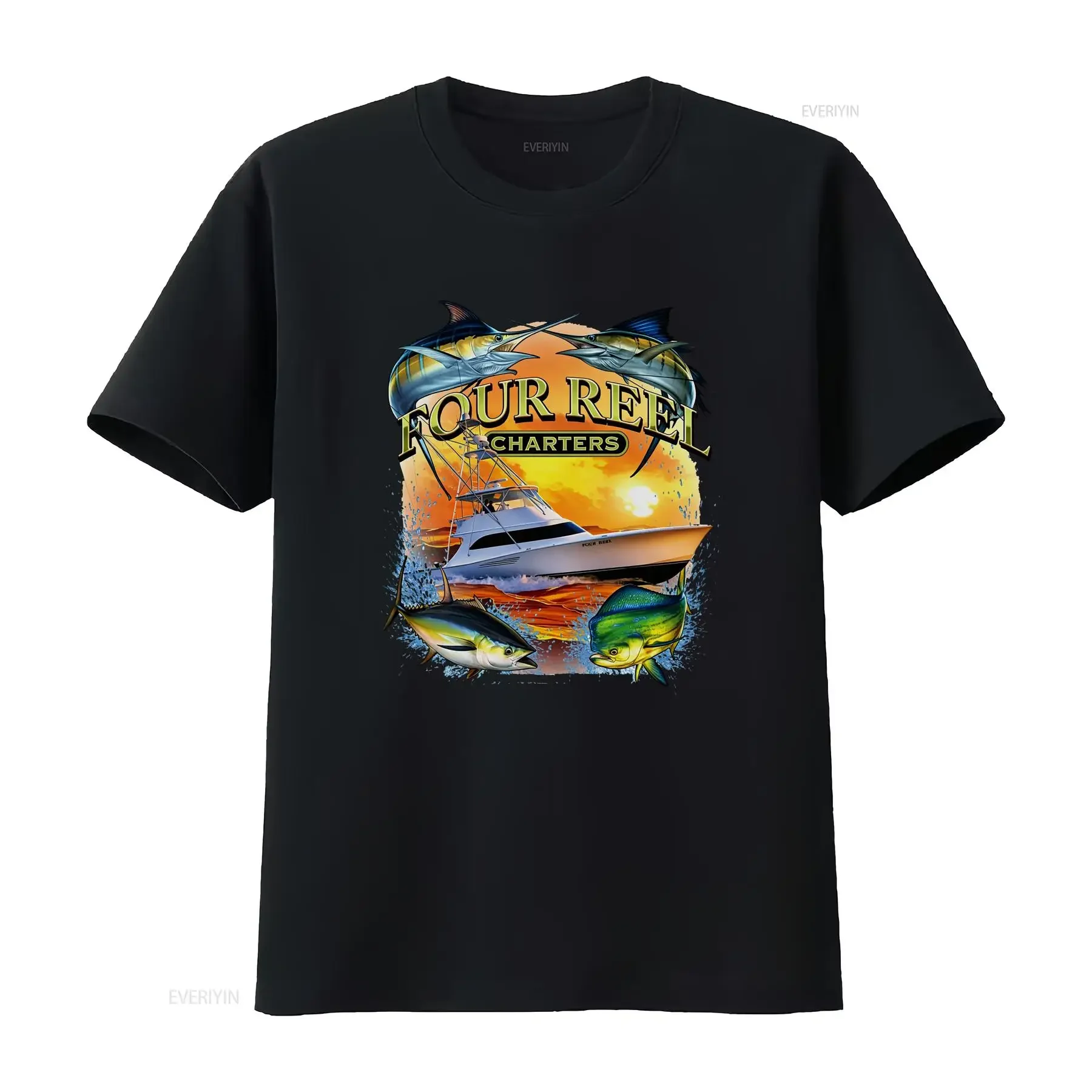 Four Reel Charters T Shirt Fishing Boat Marlin Tuna Mahi Design Offshore Sport Angler vintage Washed Casual fashion