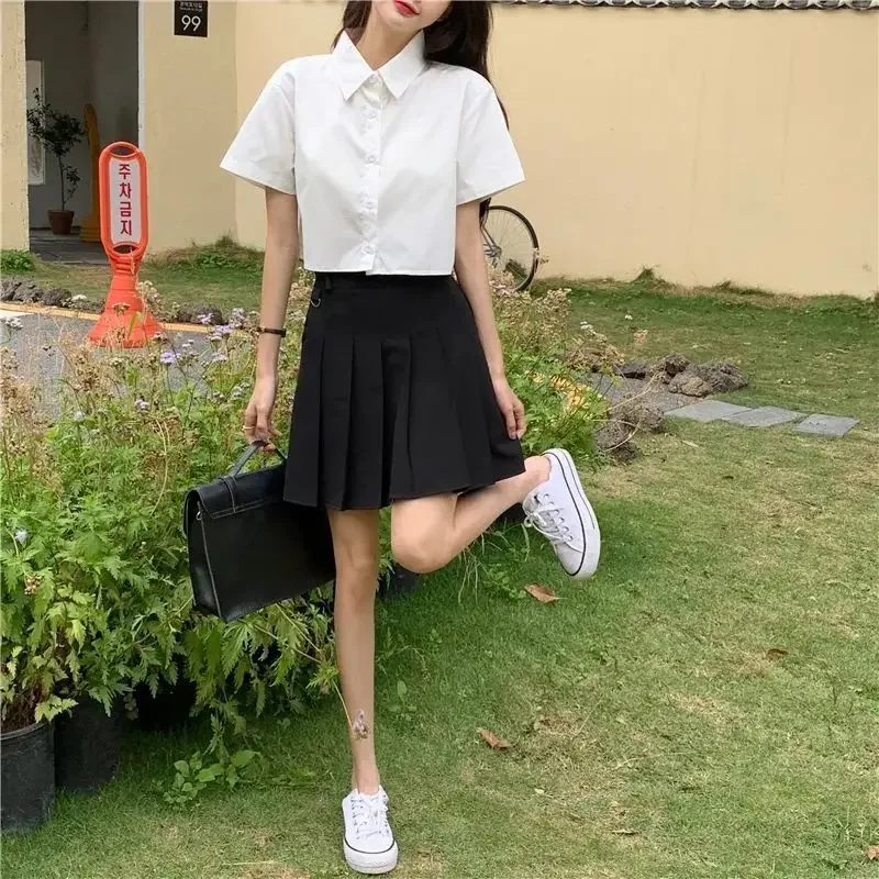 Shirts Women Summer New Short Sleeve Girlish Tender Crop Tops Korean Style Leisure Baggy Preppy Minimalist Slouchy Stylish Chic