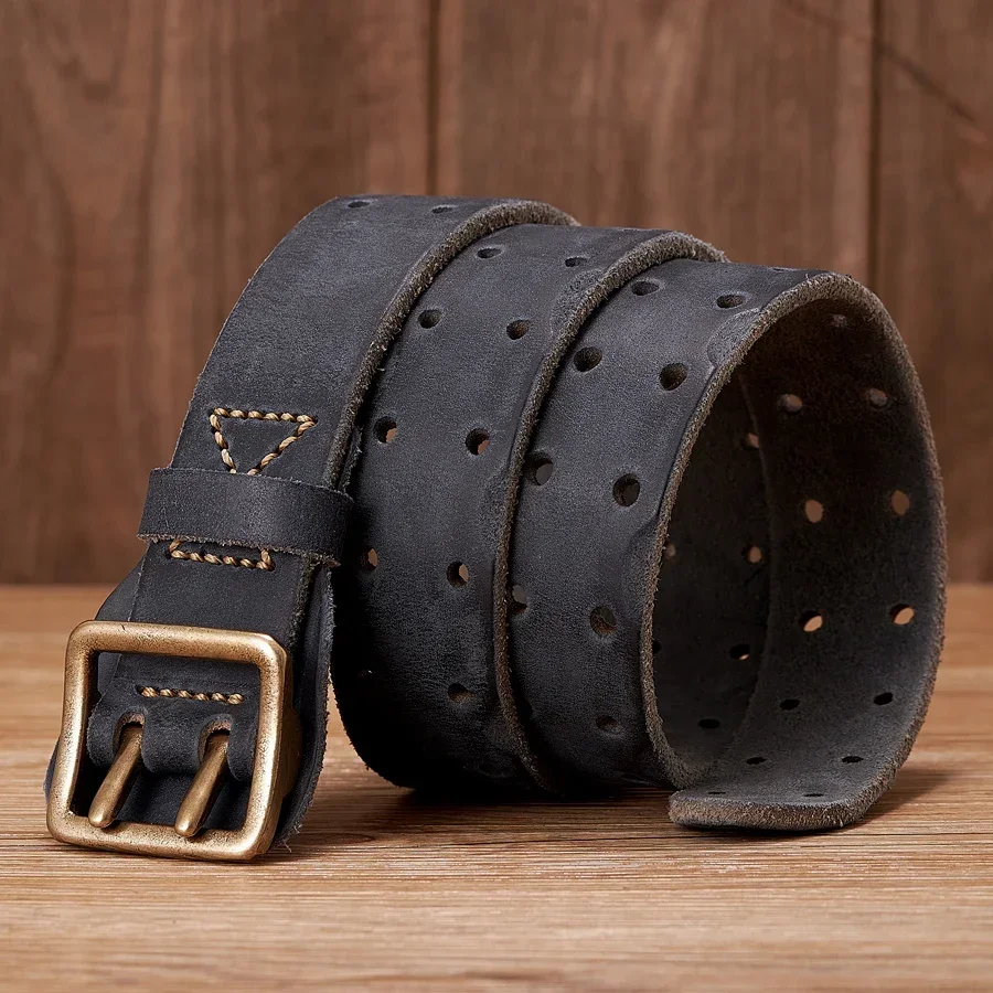 3.8cm retro casual high quality design men's double pin buckle men's cowhide belt