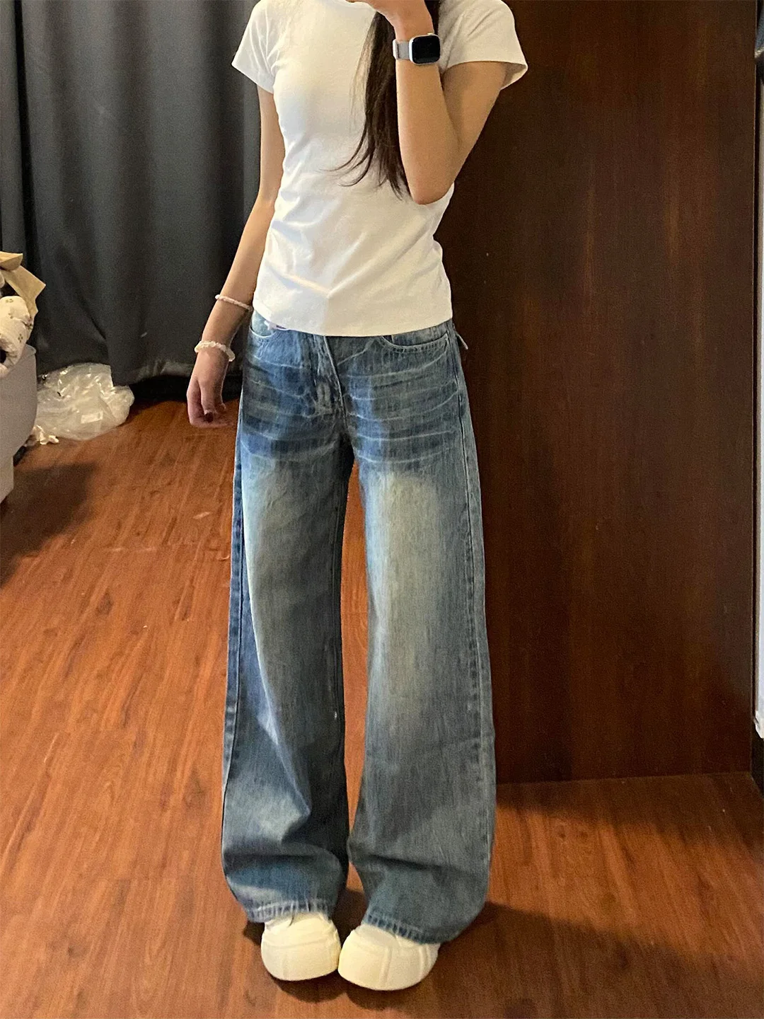 

Womens Summer 2026 Distressed Vintage Wide Leg Jeans Loose Fit Slimming High Waist Denim Pants American Style Casual Wear