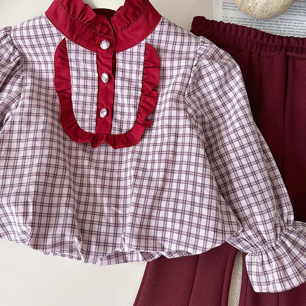 Spring Kids Girls Clothes Sets Long Sleeve Red Plaid Bow Shirts+Flare Pants 2Pcs Children Ruffles Collar Shirt Outfit Suit 2-8T