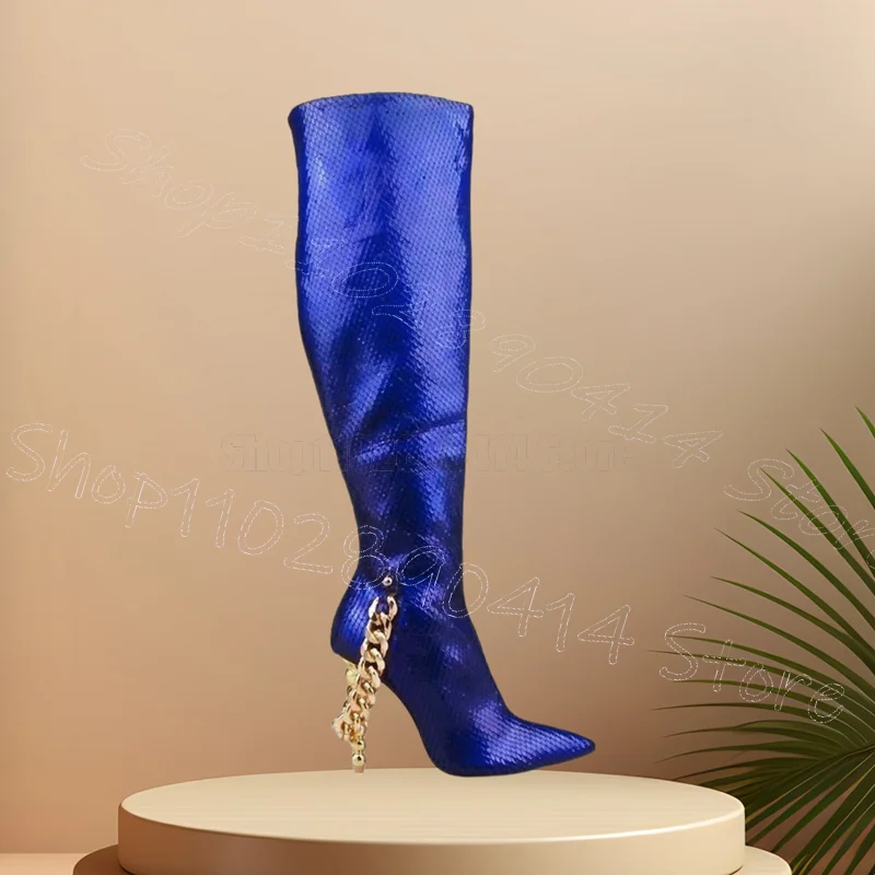 

Blue Fish Scale Print Gold Chain Pointed Toe Boots Side Zipper Women Shoes Strange Style Heels Banquet 2026 Zapatos Para Mujere