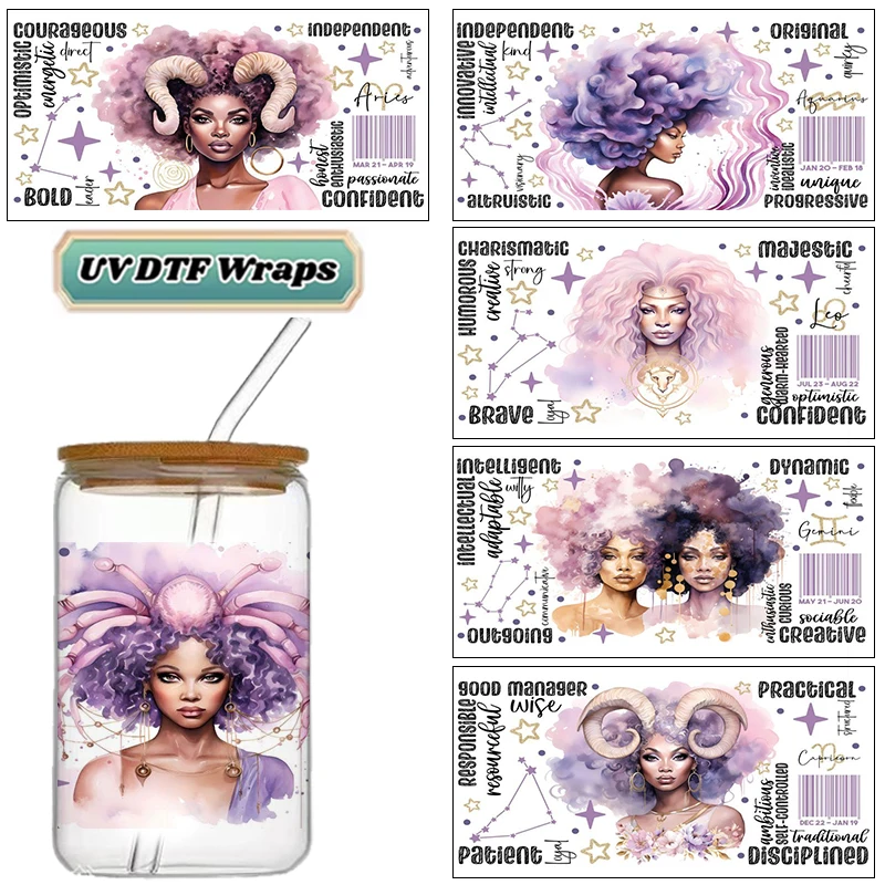 Zodiac Sign Woman UV DTF Wraps, Black Girl Constellation Stickers for 16oz Glass Cans, Waterproof DIY Transfer Decals
