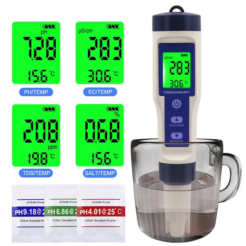 

5 in 1 TDS/EC/PH/Salinity/Temperature Meter Digital Water Quality Monitor Tester for Pools, Drinking Water, Aquariums