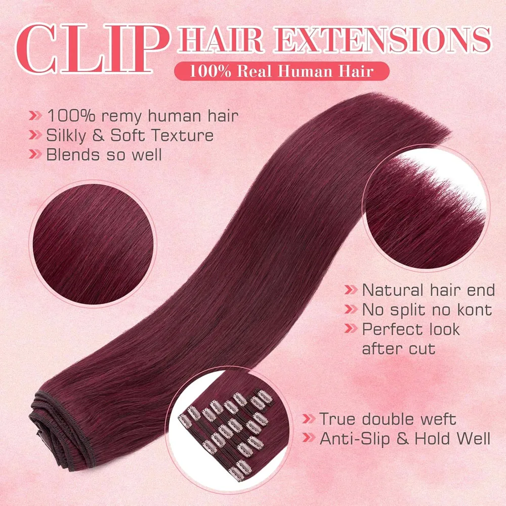 99J بورجوندي مستقيم كليب في شعر مستعار بشري 100% البرازيلي ريمي مشبك شعر الإنسان في 100 جرام 8 قطعة/المجموعة كامل الرأس للنساء