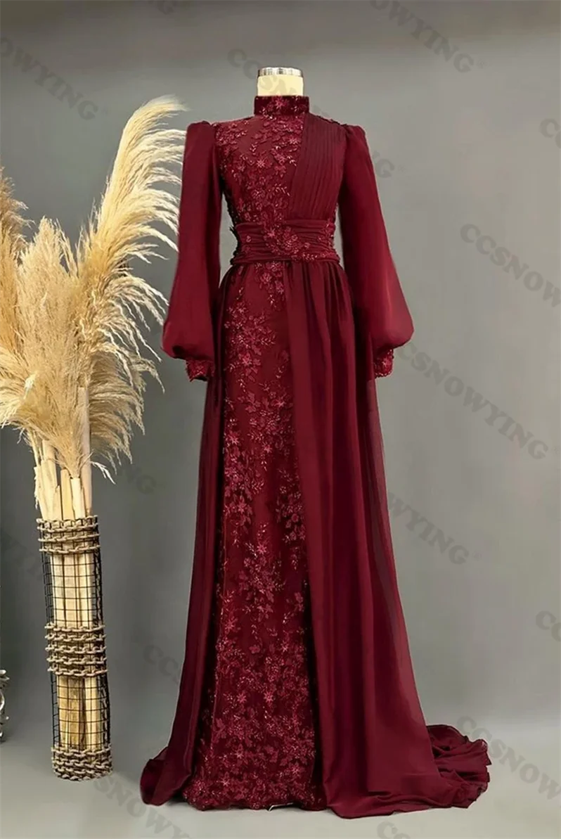 

Burgundy Chiffon Appliques Muslim Evening Gown Islamic Long Sleeve Hijab Formal Party Dresses Women Arabic Dubai Robe De Soiree