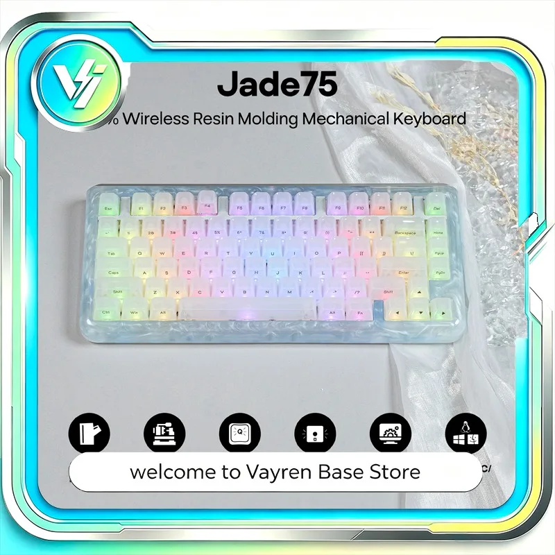 Teclado Mecânico KiiBOOM para Jade75 Tri Mode 75% ANSI Moldagem em Resina Retroiluminação RGB Hot Swap QMK para Setup de Desktop Windows Mac Linux