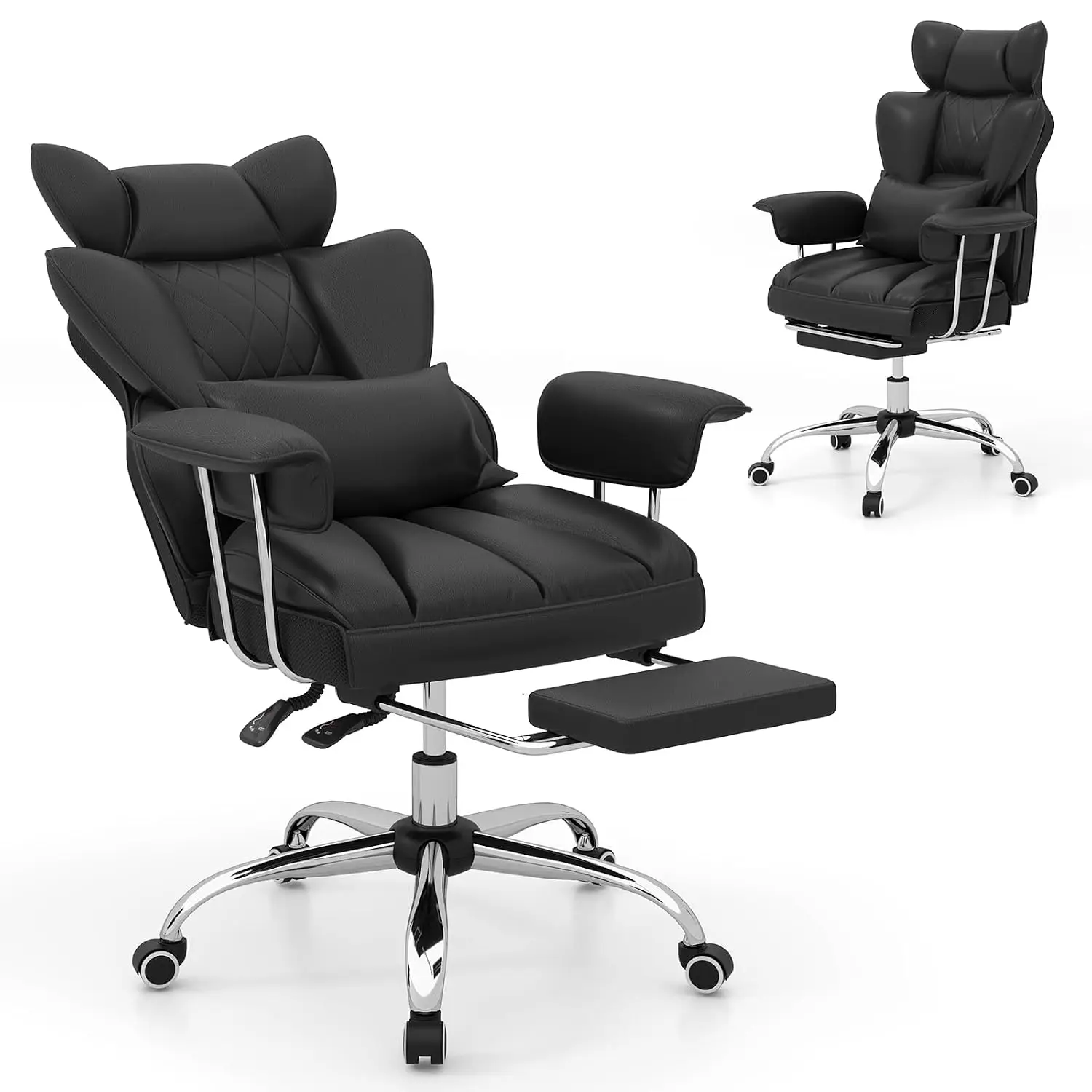 Large Executive Office Chair with Foot Rest & Lumbar Support, High Back Leather Swivel , Black, Customized