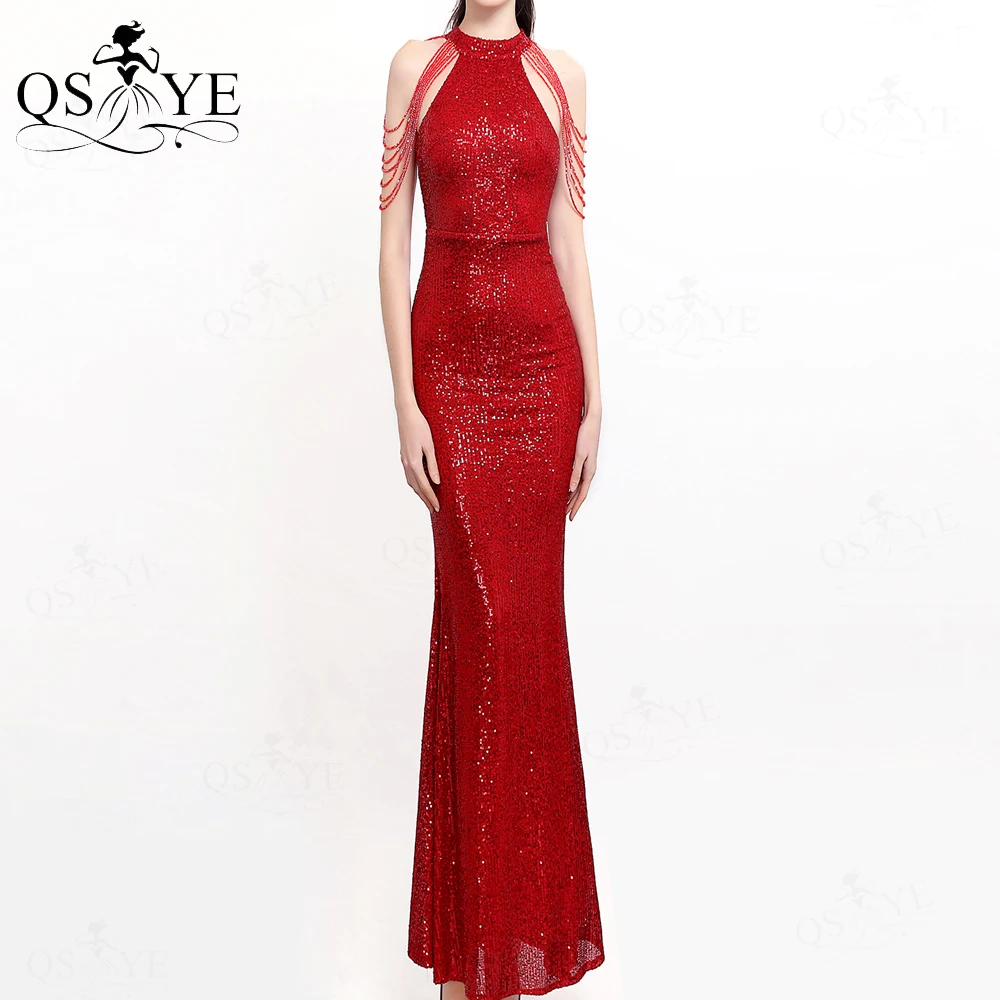 

Halter Neck Red Sequin Prom Dresses Long Beading Shoulder Evening Gown Fitted Glitter Sequin Red Women Party Formal Gown Mermaid