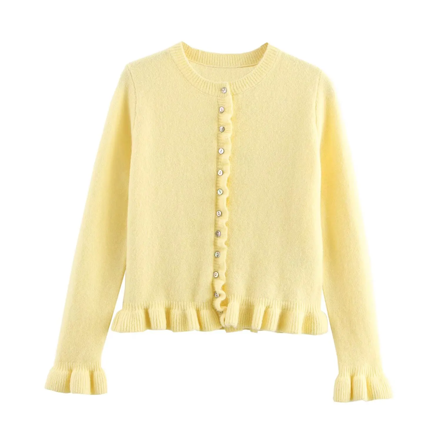 Tangada 2025 Women Yellow Ruffles Knitted Sweater Jumper Long Sleeve Crop Cardigan 1P08