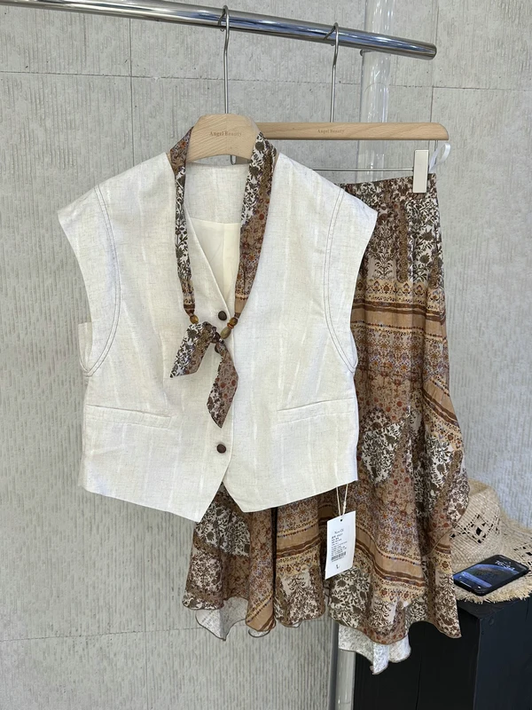 

Elegant Summer Suit Set Women's Polyester Fiber Short Length Plant Floral Print Silk Scarf Linen Material Vest Asymmetrical S...