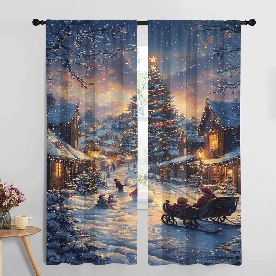 2PCS Christmas Village Curtains, Snowy Night Sleigh Ride Snowman Scene, Warm Holiday Window Drapes for Bedroom Living Room Decor