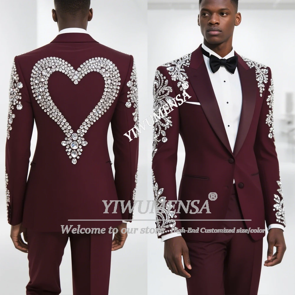 

Luxury Wine Red Suit Attire For Men Diamond Beaded Groom Wedding Tuxedos Customized 2 Pieces Sets Costume Homme Blazers Outfits