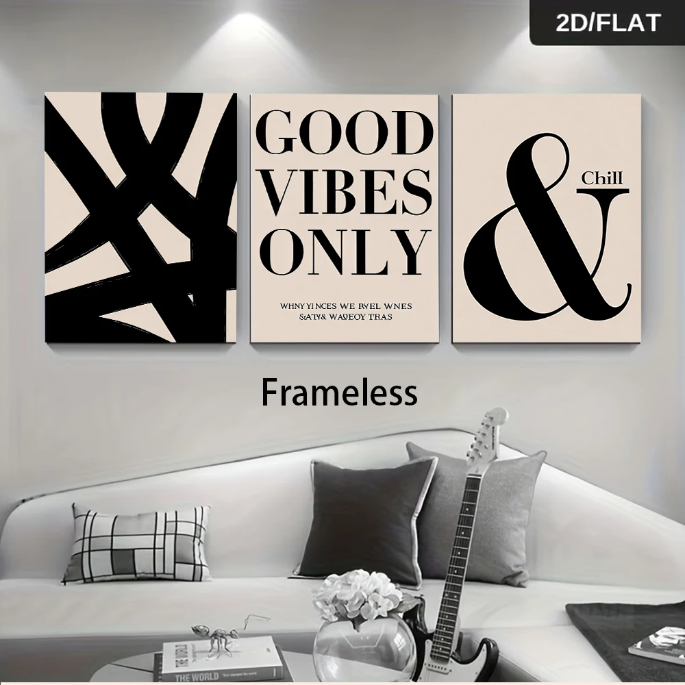 3PCS Frameless,1 set of modern minimalist three-panel frameless paintings, abstract line drawings, lettering, inspirational wall