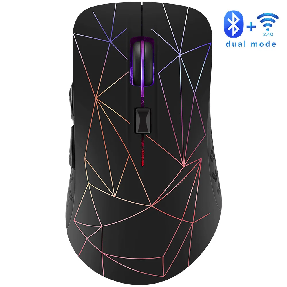 

Cool Lighting Wireless Dual-mode Mouse Rechargeable Rainbow Backlight 1600 Adjustable Mute Button Connect Two Devices Office Use