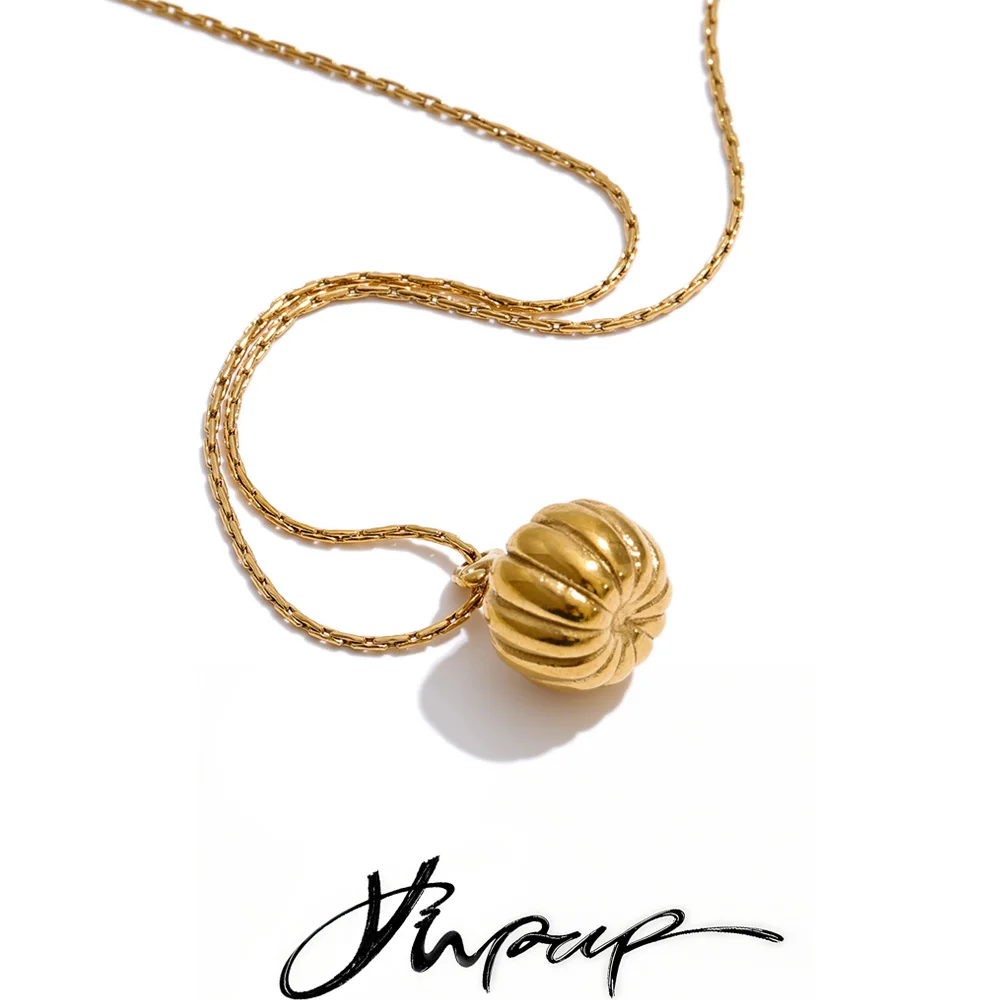 Yhpup Stainless Steel Golden Pumpkin Pendant Necklace Fashion Water Resistant Metal Personalized Popular Unique Collar Jewelry