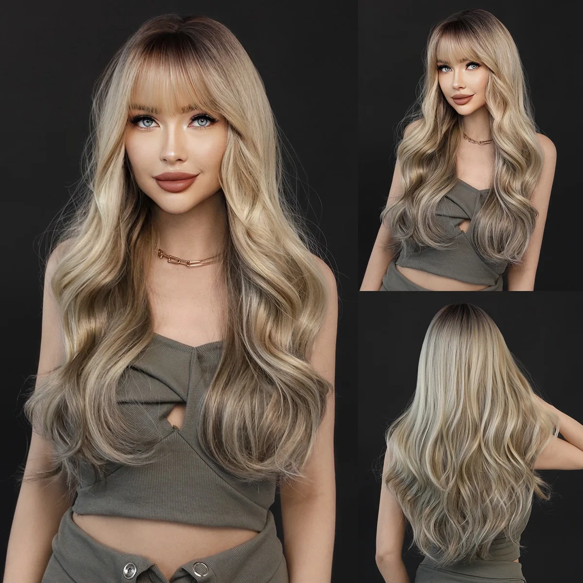 

GUHUAN Blonde Long Wavy Wig with Bangs Dark Root Synthetic Hair Wig Heat Resistant Fiber Natural Scalp Daily Party Wig for Women