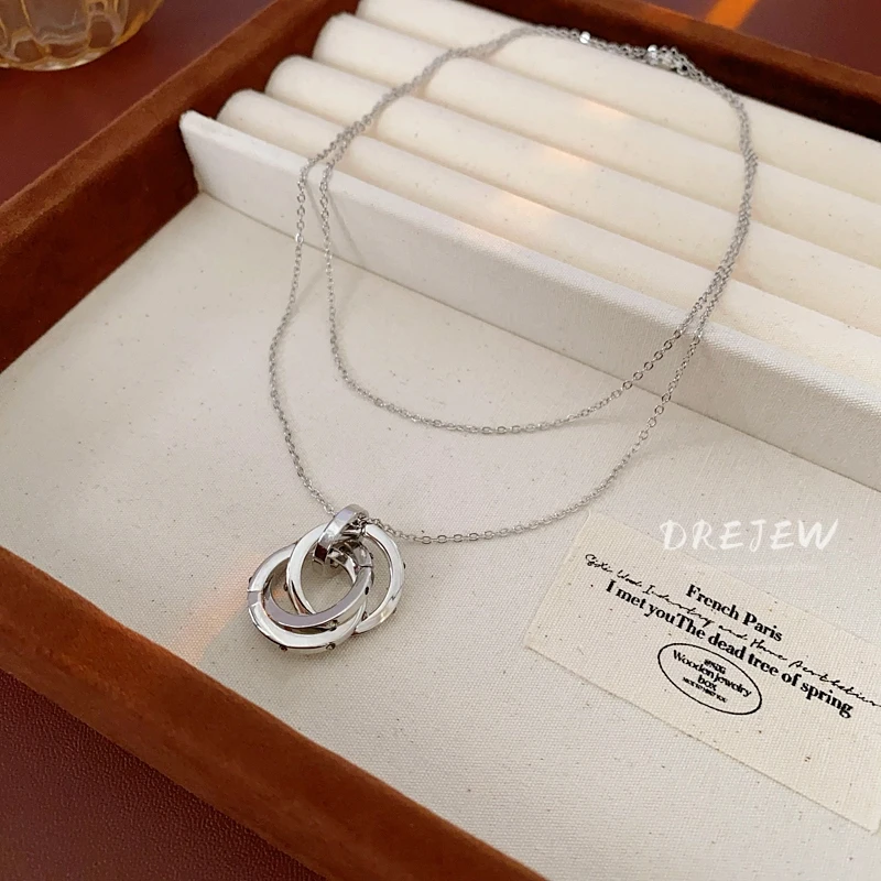 DREJEW Stacked Winding Interlocking Zircon Pendant Necklace Unique Design Sweater Chain Light Luxury Fashion Accessories