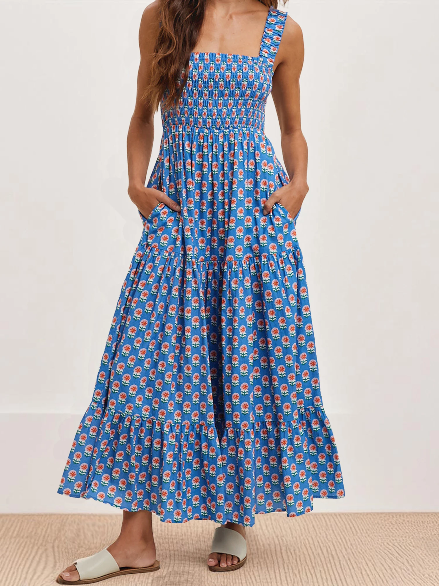 Abito lungo Boho da donna con spalle scoperte, volant, stampa floreale, senza maniche, vita smock, abito lungo da spiaggia estivo con tasche