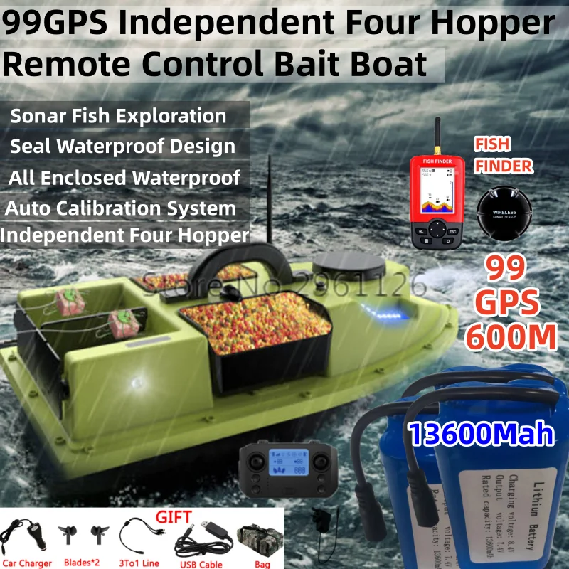 99GPS Smart Sonar Fish Wireless Control Bait Boat 2.4G 600M 3KG Loading 4 Hopper Control Auto Return Night Light RC Fishing Boat