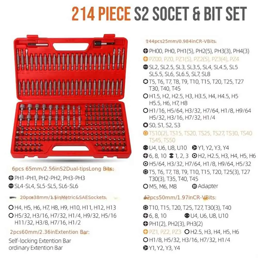 208/214 Safety batch head set S2/Cr-V steel SAE/ metric screwdriver set Cross slot hexagonal square head