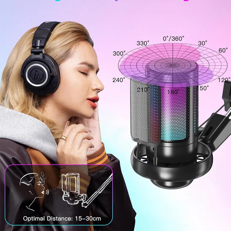 USB ميكروفون إلغاء الضوضاء مكثف هيئة التصنيع العسكري RGB تعليق قوس لبث بودكاست تويتش يوتيوب ديسكورد الكمبيوتر PS4 PS5