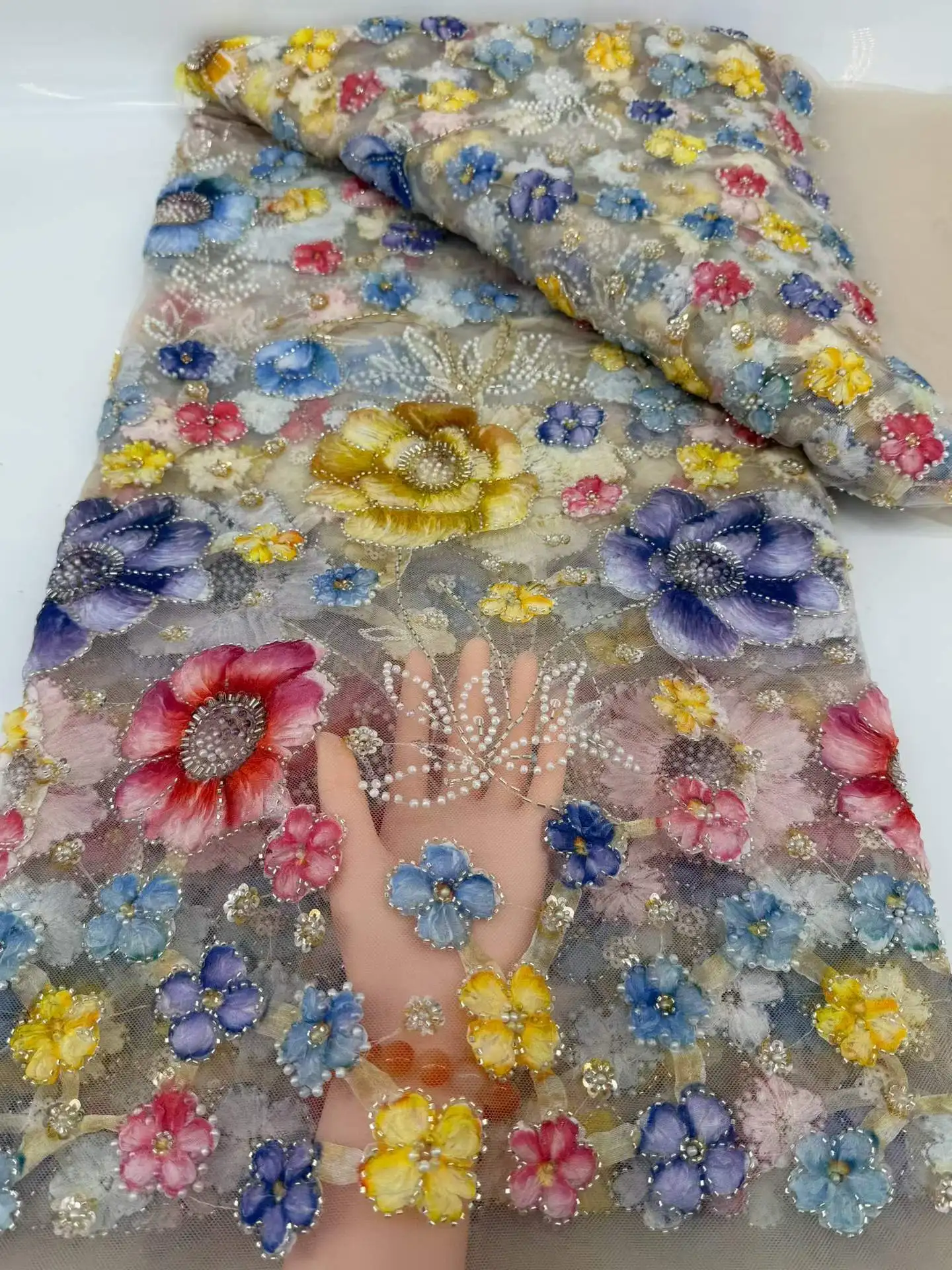 

African High-Quality Pink White 3D Lace Fabric with Sequins French Net Tulle Mesh for Wedding Sewing Pure White Pure Pink