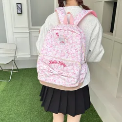 MINISO Two Size Hello Kitty Pink Girls Schoolbag Kawaii Anime Student Backpack Large Capacity Floral Printed Girls Bag Gift