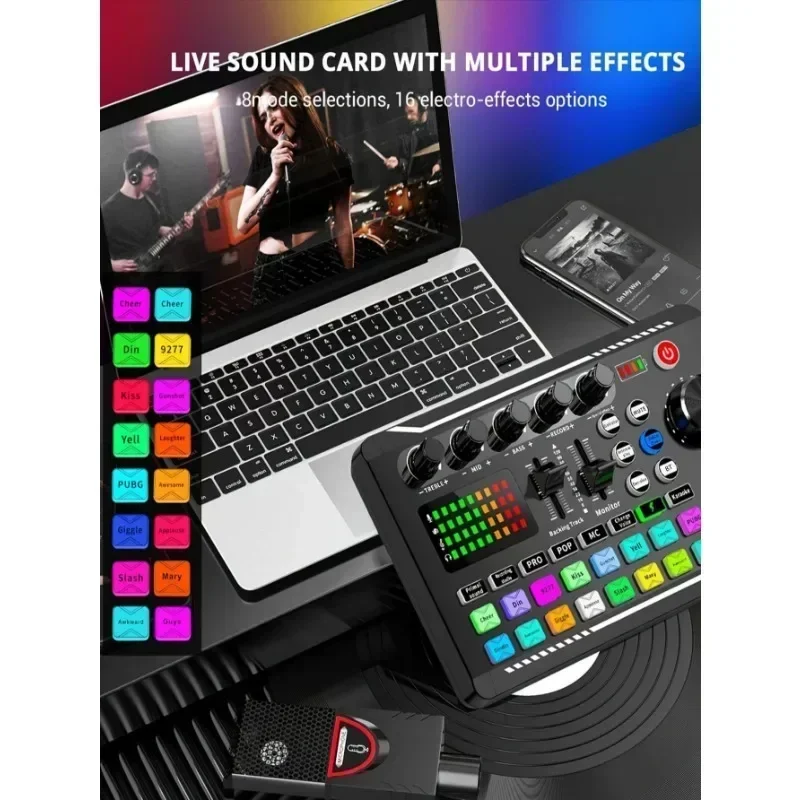 F998 Live geluidskaart en audio-interface met DJ Mixer-effecten en stemwisselaar, Bluetooth Stereo Audio Mixer, voor YouTube Stream