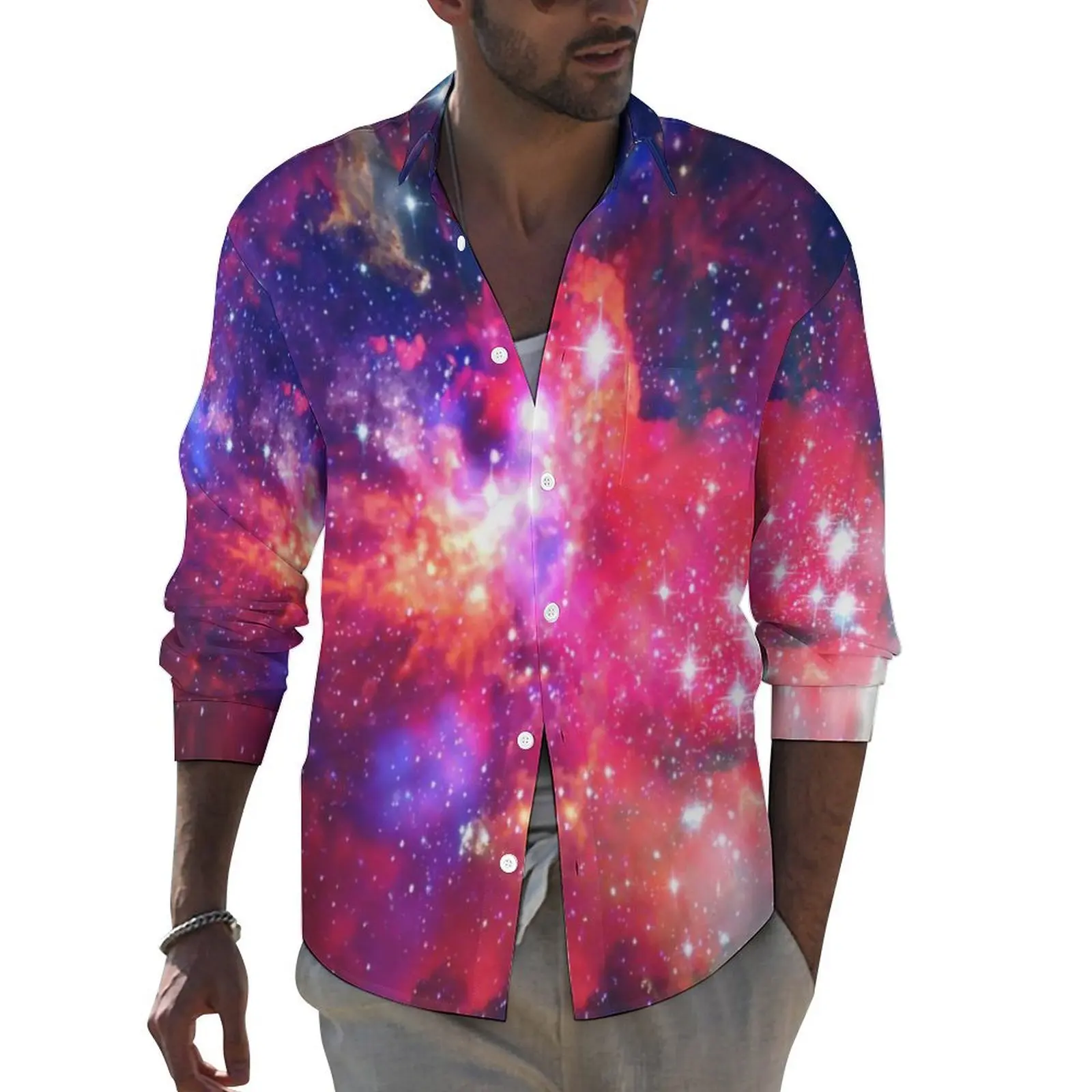 Wonderful Starry Street Style Casual Shirt Man Galaxy Space Print Shirt Autumn Trendy Blouses Long Sleeve Oversized Clothing