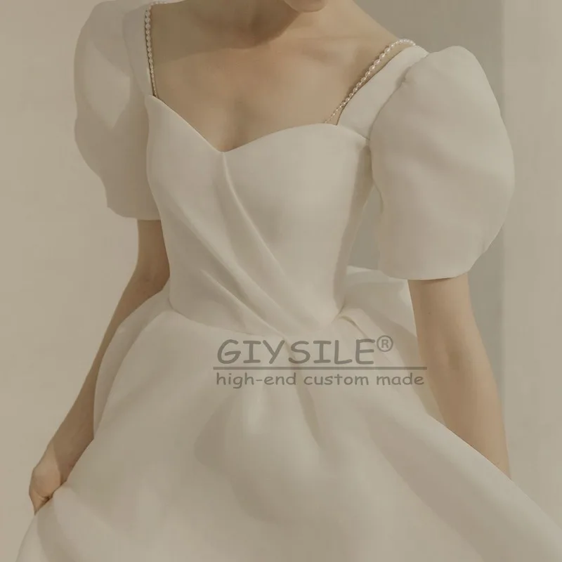 

GIYSILE Customized White Wedding Dress Square Collar Short-sleeved Pearl 2025 New Net Yarn Simple Party Banquet Evening Dresses