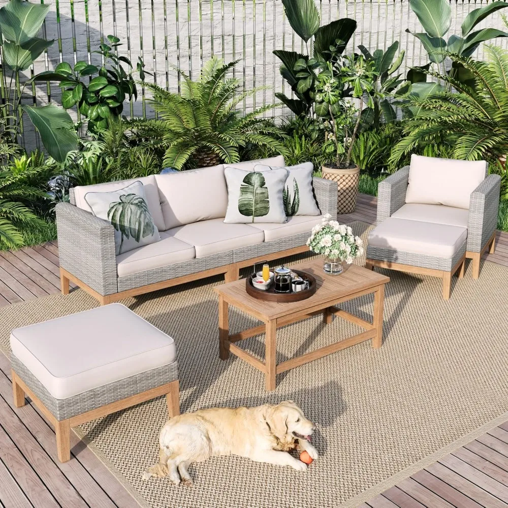 Outdoor Patio Furniture Sets, 5-Piece All-Weather Patio Conversation Set, High Back Wicker Rattan Setional Sofa