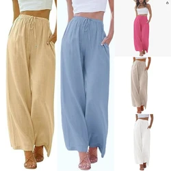 Large Size Women Trousers Linen Loose Casual Pockets Drawstring Wide-Leg Trousers Female Fashionable Loose Casual Trousers