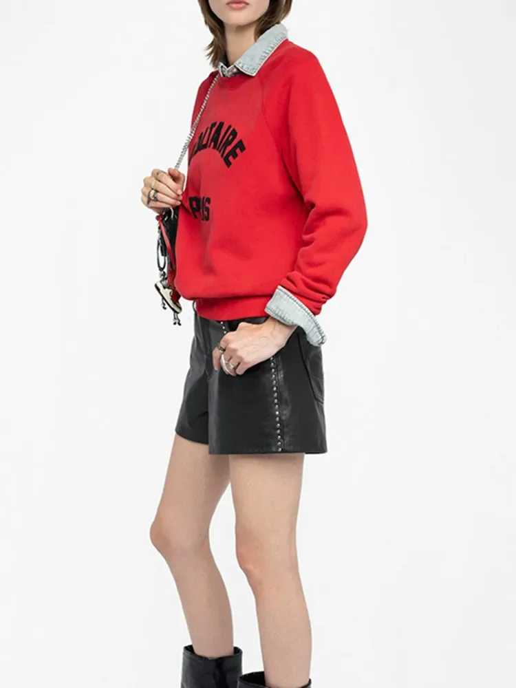 2 ألوان البلوز المرأة التصحيح التطريز رسالة س الرقبة فضفاضة سيدة البلوفرات غير رسمية خريف 2025