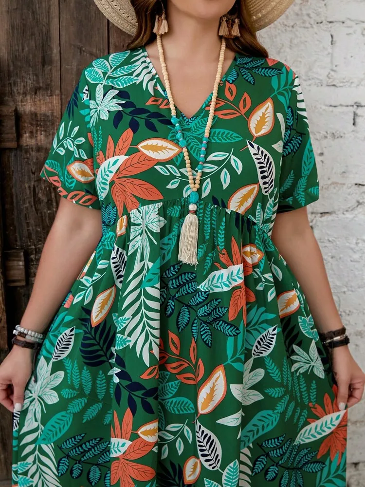 2024 Wiosna/Lato Nowa damska sukienka z nadrukiem, dekoltem w szpic, z krótkim rękawem, plus size, długa spódnica w dużych rozmiarach