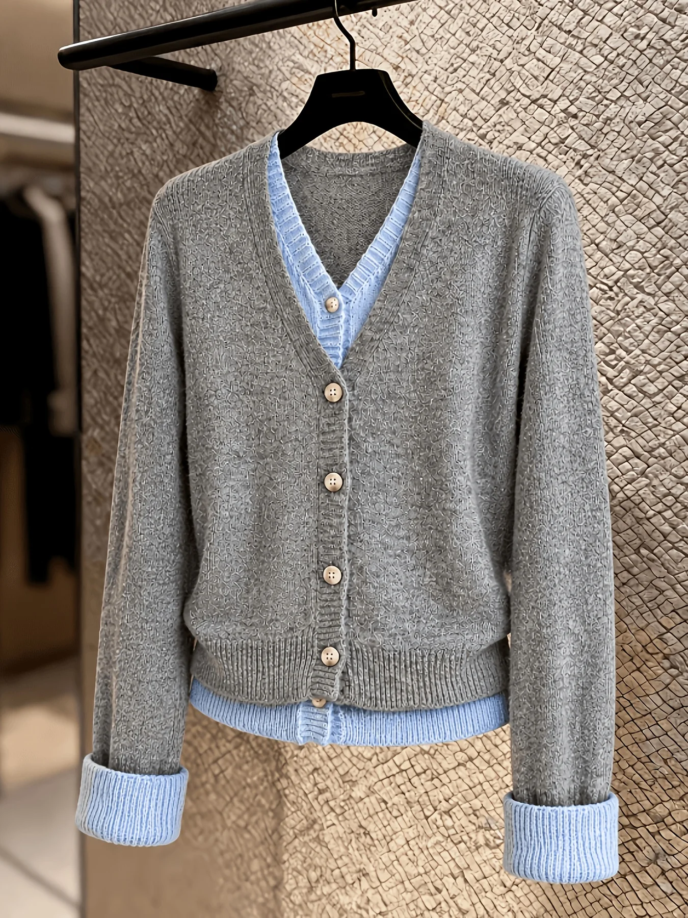 New Arrival Autumn Winter Color‑block Fake Two‑piece Knit Cardigan, V‑Neck, Retro Lazy‑Style Loose Casual Knit Sweater, Fashion