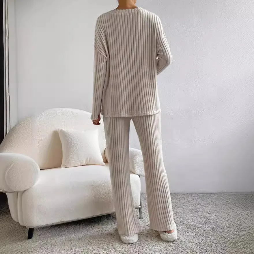 Solid Color Casual Loose Knitting Sets For Women Elegant Autumn Women\'s Two Pieces Suit Full Trouser Set Female Outfit Clothes