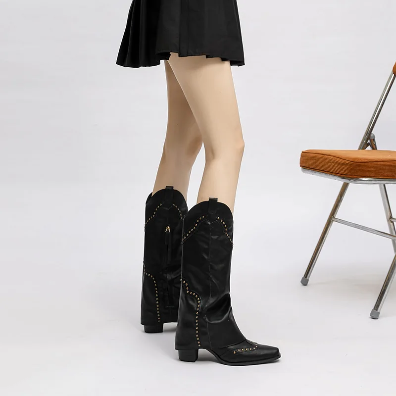 Woman Fashion Rivets Pants Boots Women High Heels Fold Knee High Boots Western Cowboy Botas Mujer Winter Women Shoes WSH4943