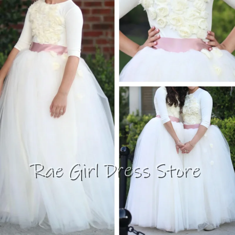 3D Floral Flower Girl Dress Three Quarter Sleeves Fluffy Tulle Floor Length Gowns For Wedding Formal Birthday Pageant First Comm