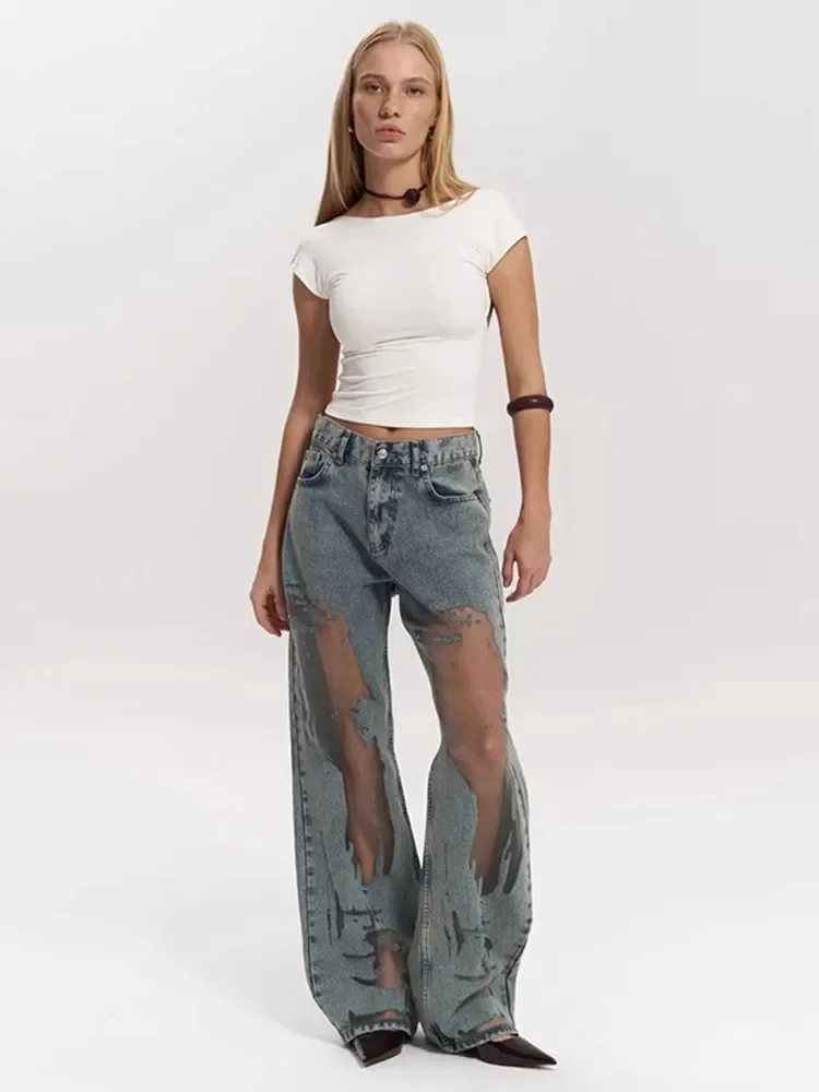 

Y2k See Through Jeans Women Sexy Mesh Spliced Patchwork Denim Trousers Vintage Wide Leg Baggy Pants Summer New Streetwears