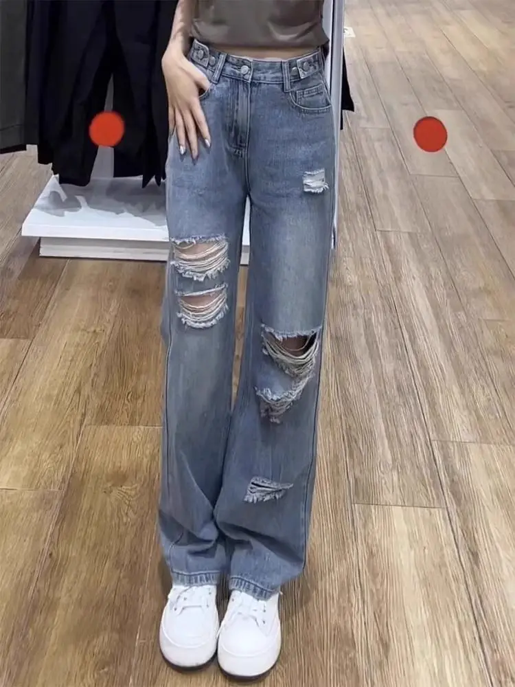 

Jeans For Women Spring Summer Large Size High Waist Hole Straight Denim Pants Female Casual Ripped Cowboy Wide Leg Trousers