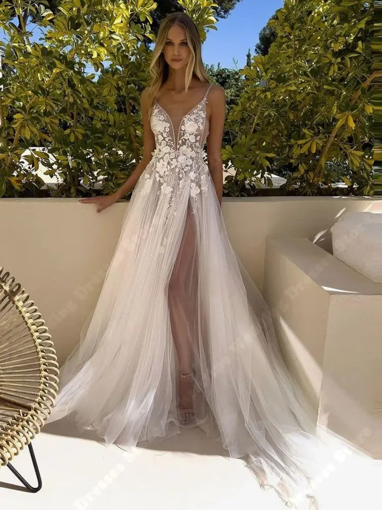 Delicate V-Neck Boho Tulle Wedding Dresses Summer Lace Applique Chiffon A-Line Gowns Mopping Length High Fork Vestidos De Novias