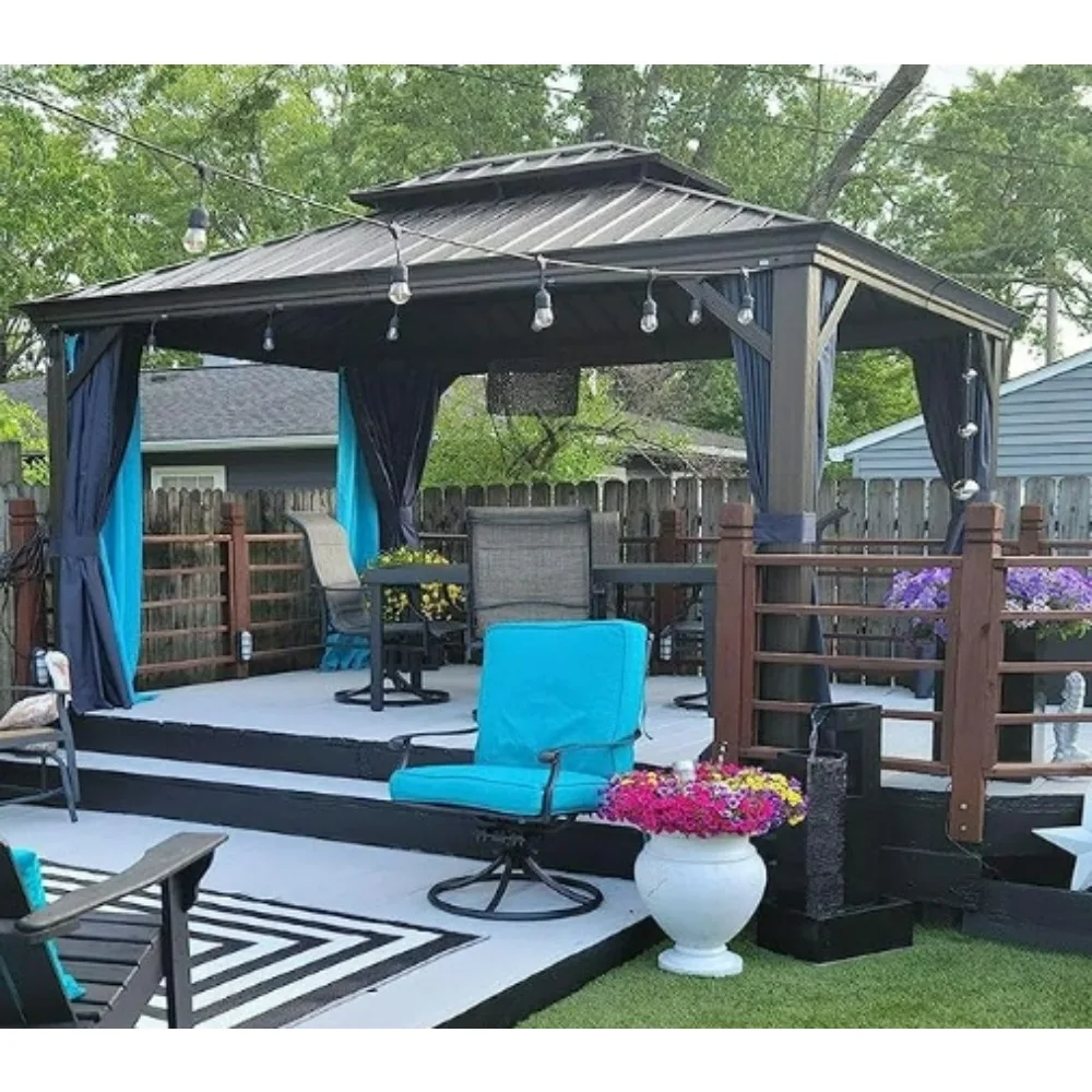 gazebo. Hardtop Gazebo 10' X 13' Galvanized Steel Roof with Netting and Curtains Backyard Deck Garden Canopy Aluminum Frame