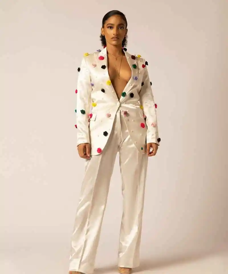 Elegant Women Suits 2 Pieces Jacket Pants Single Breasted Pearls Hand Made Flowers Lady Business Prom Party Gown Customized