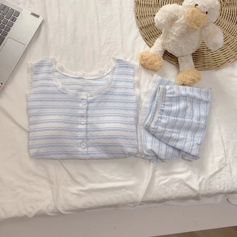 Women's Summer Pajamas with Bra Pads Made of Modal Featuring Korean Style Small and Fresh Stripes with a Strapless Short Pants A