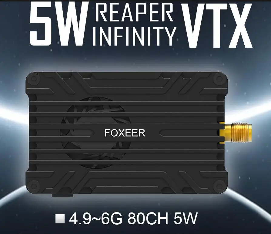 

Foxeer 4.9G~5.3G 5.8G 6G Reaper Infinity V2 5W 5000mw 80CH 9-36V VTx Wireless AV Transmitter Supper long Range for RC drone