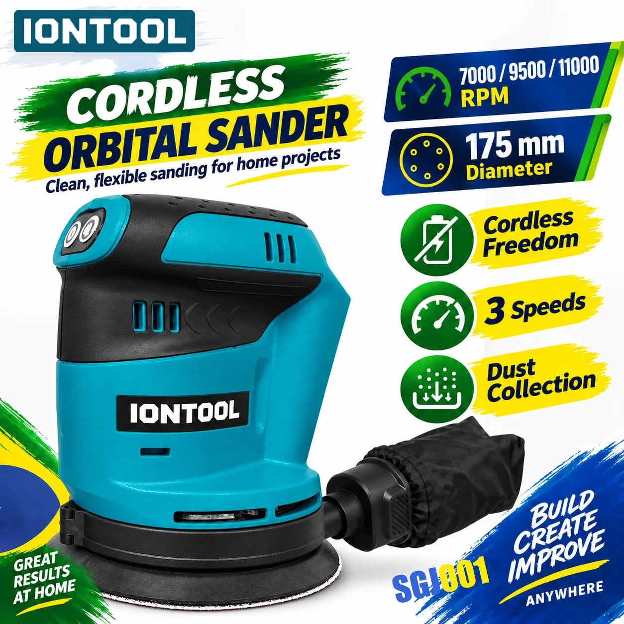 IONTOOL Ultra Lightweight Variable Speed Sander 175mm for Stair Railing and Banister Sanding Household Use Bare Unit
