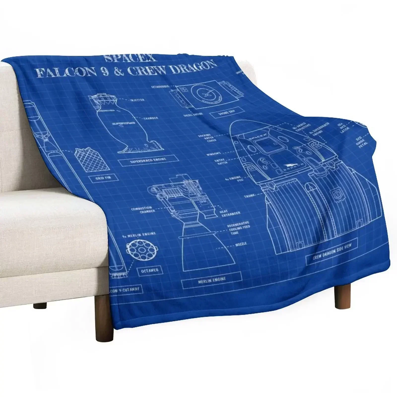 SpaceX: Falcon 9 and Crew Dragon (Blueprint-English) Throw Blanket Stuffeds Hairys Summer Blankets