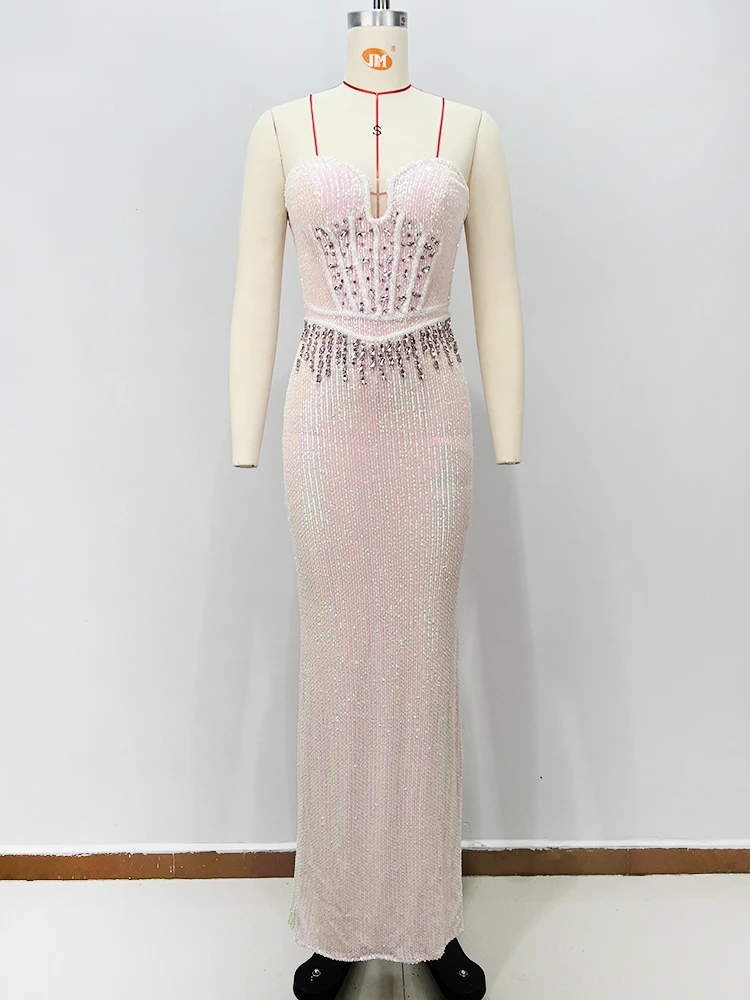 

Sexy Strapless Pink Sequin Party Gown with Slim Fit & Slit Design Luxury Beaded Detailing Prom Dress Formal Evening Dresses